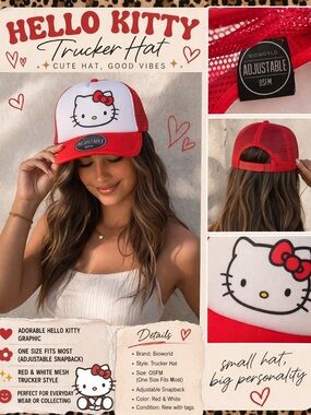 Hello Kitty Trucker Hat 🐱❤️ Red Adjustable OSFM Kawaii Cute Cap